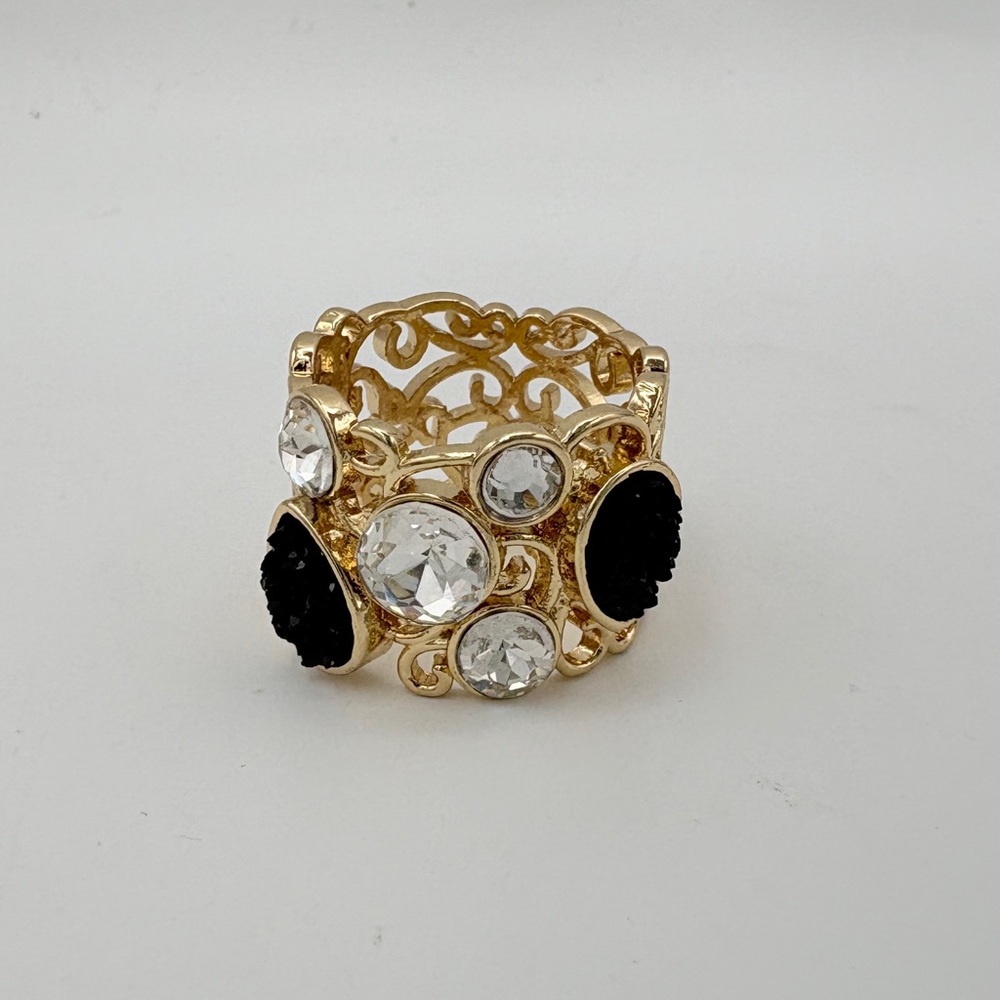 Filigree Gold with Black and Clear Crystals Ring sz 10